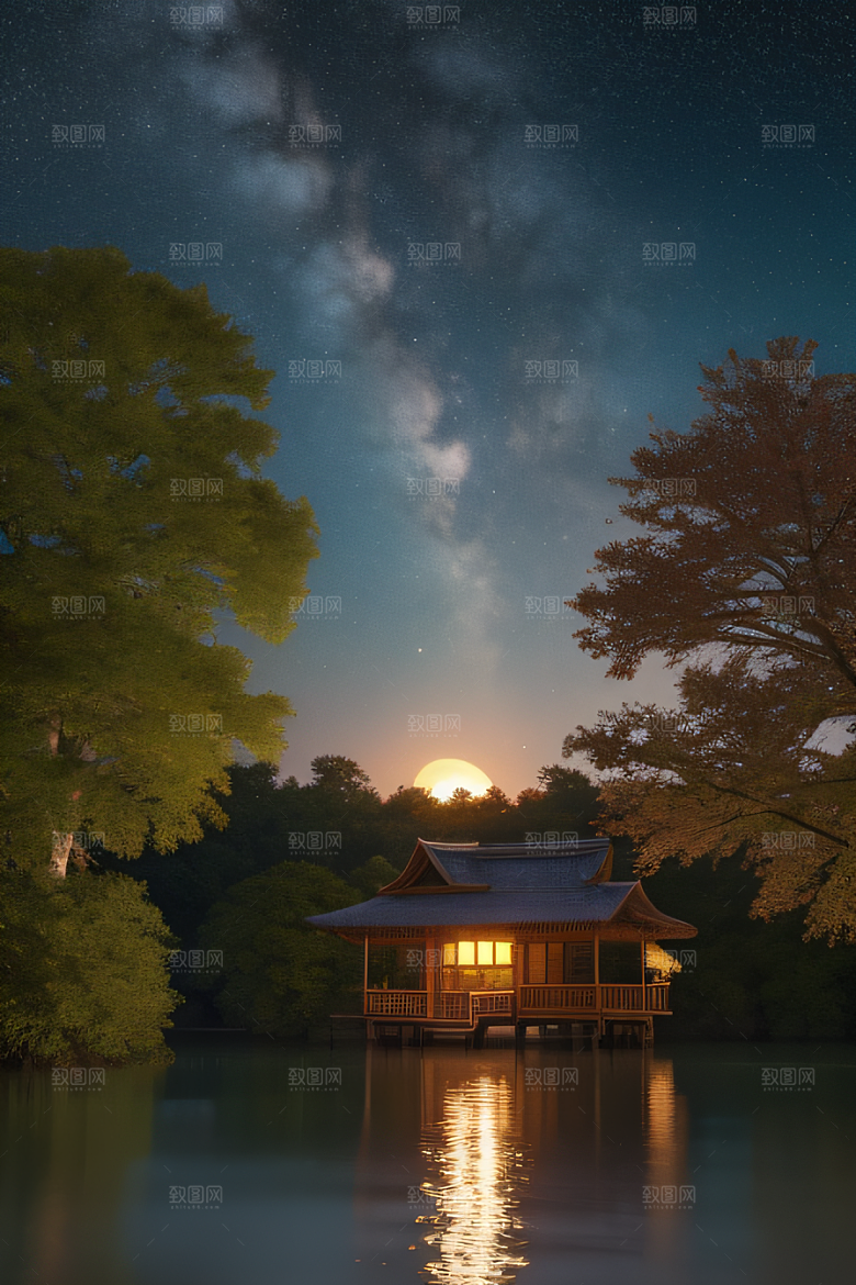 宁静湖面上的春天宫殿景观