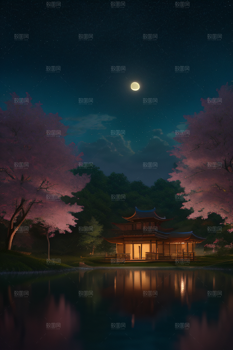 宁静湖面上的春天宫殿景观