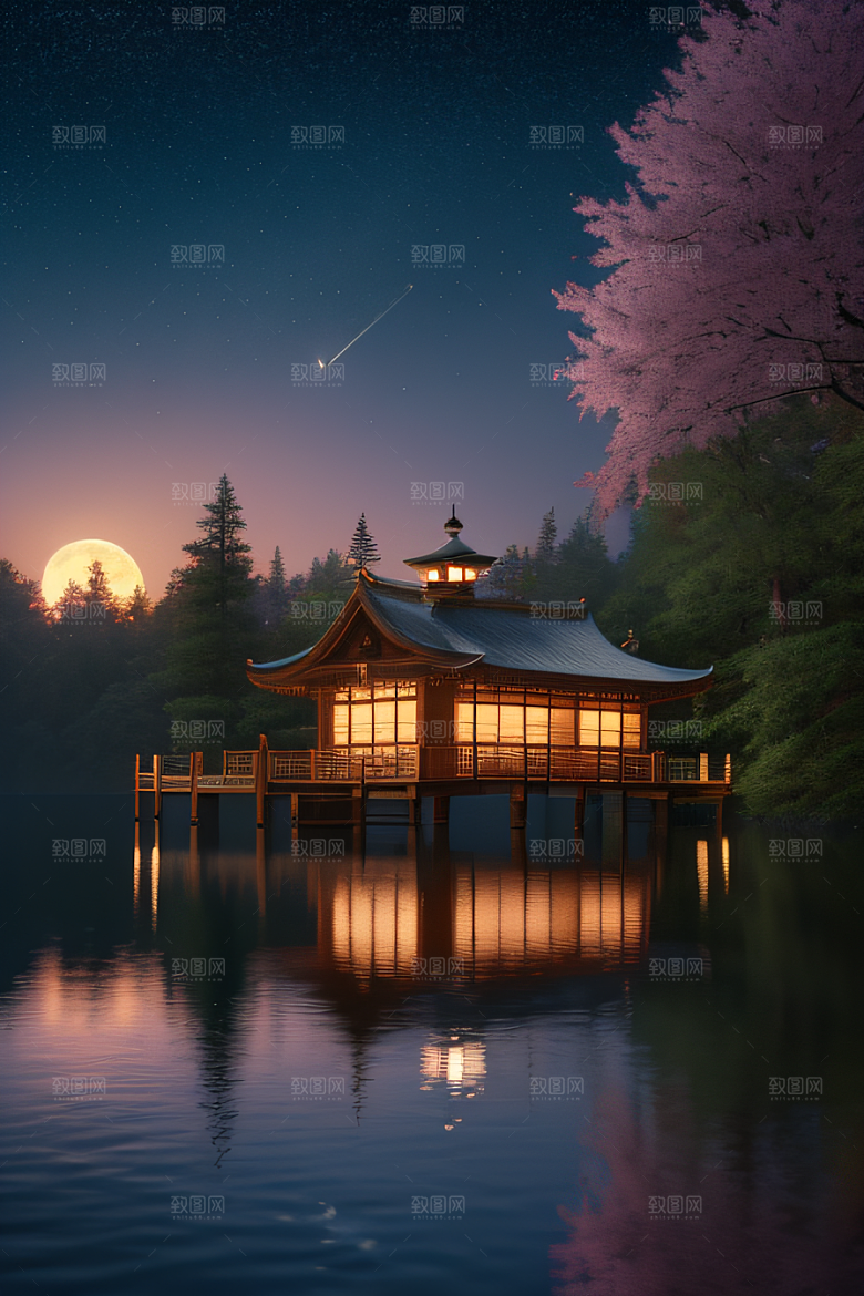 宁静湖面上的春天宫殿景观