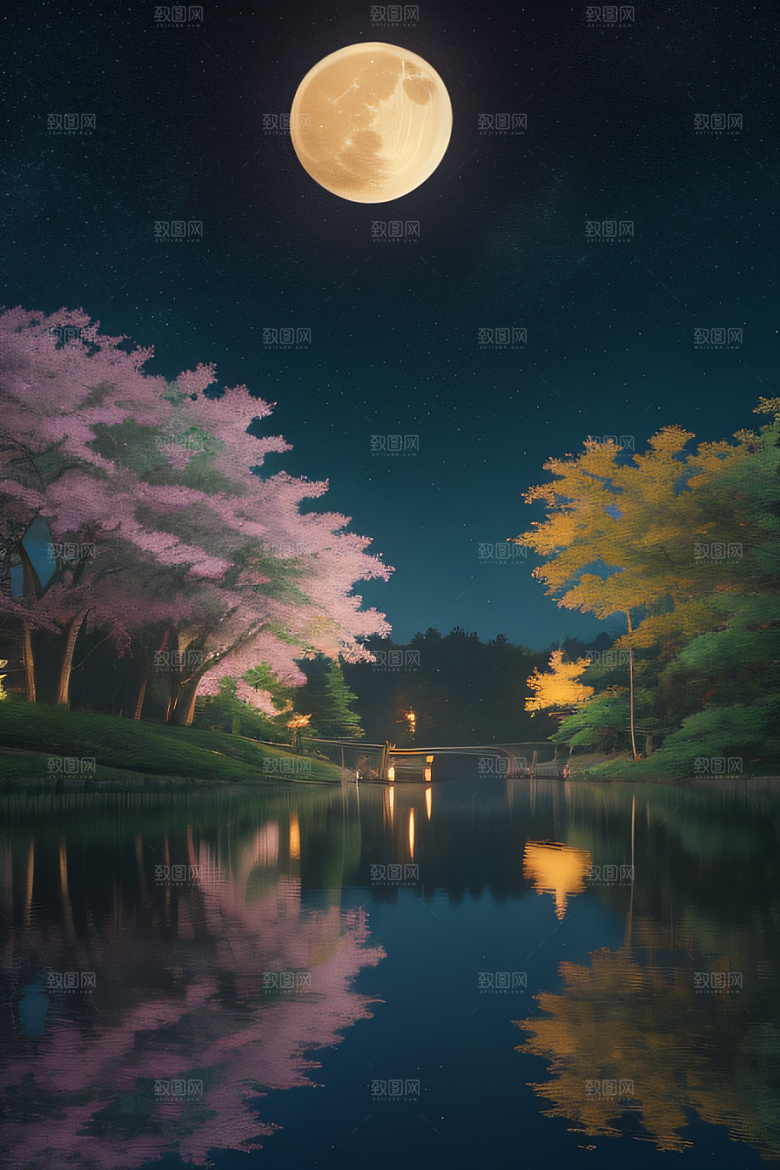 宁静湖面上的春天宫殿景观