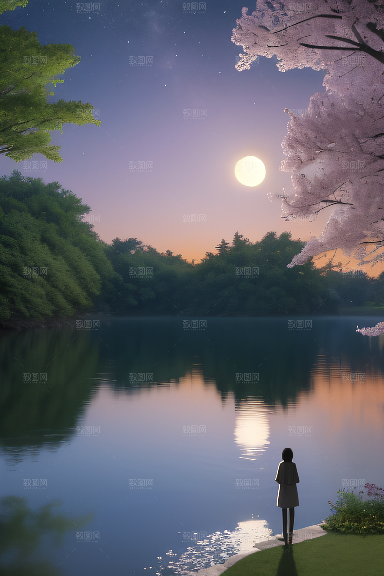 宁静湖面上的春天宫殿景观