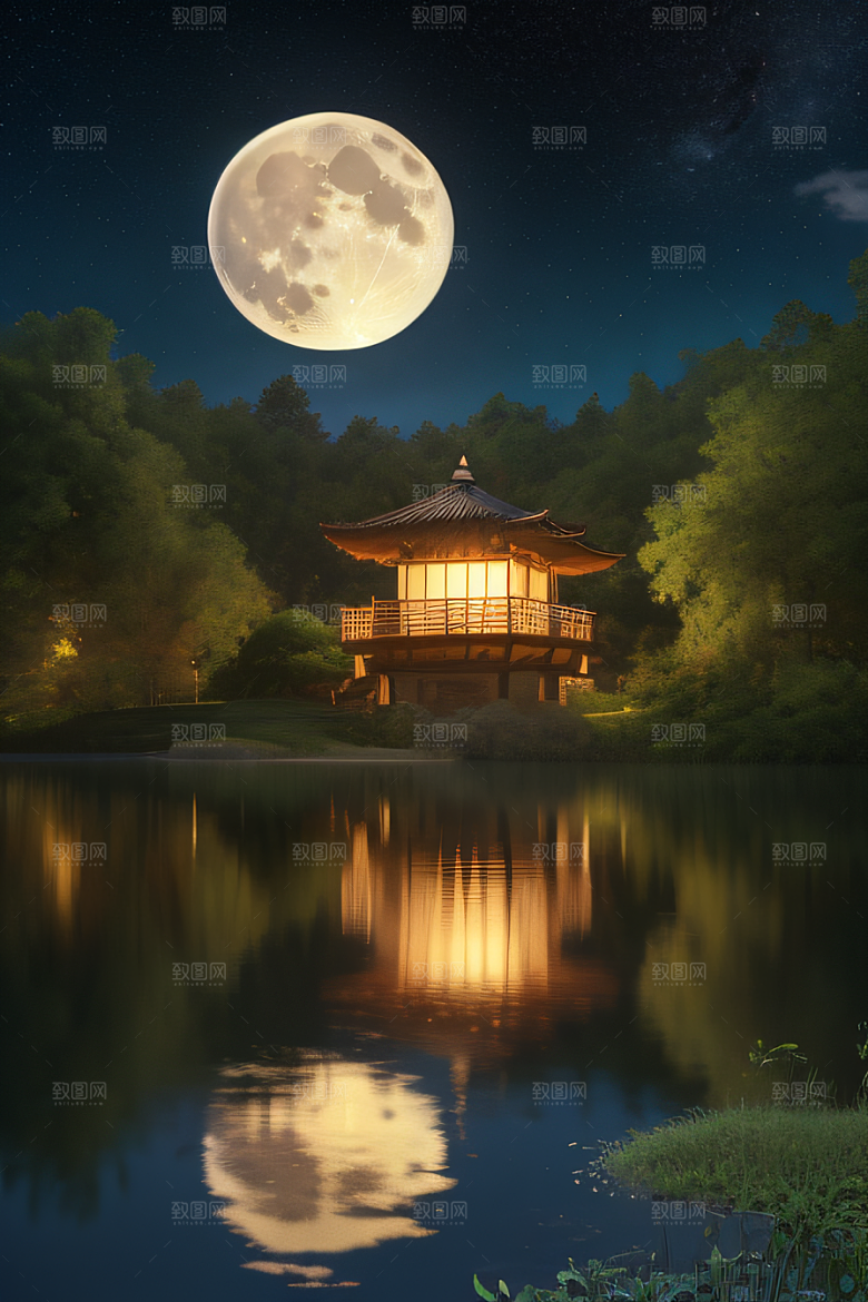 宁静湖面上的春天宫殿景观