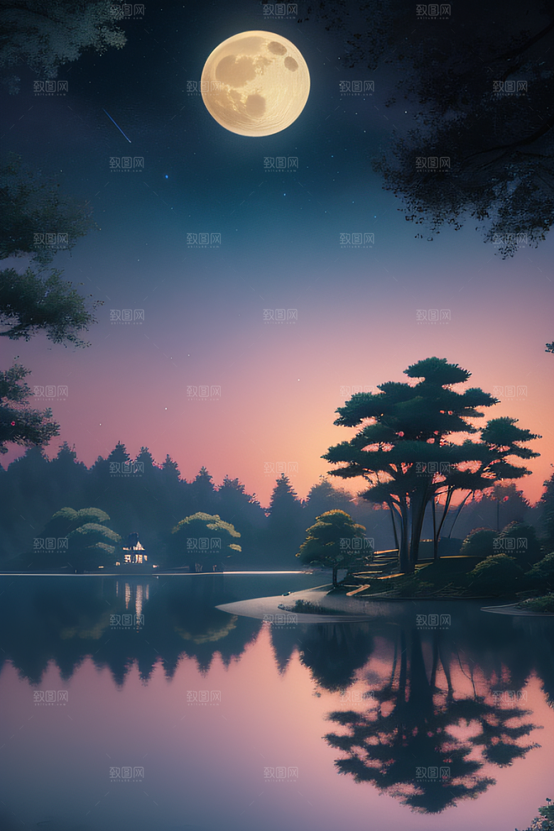 天空中悬挂的满月之美景观