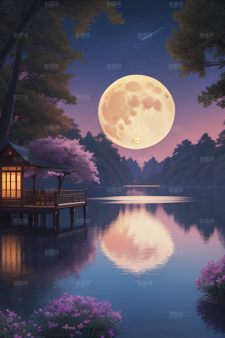 天空中悬挂的满月之美景观