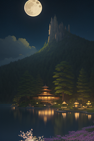 天空中悬挂的满月之美景观