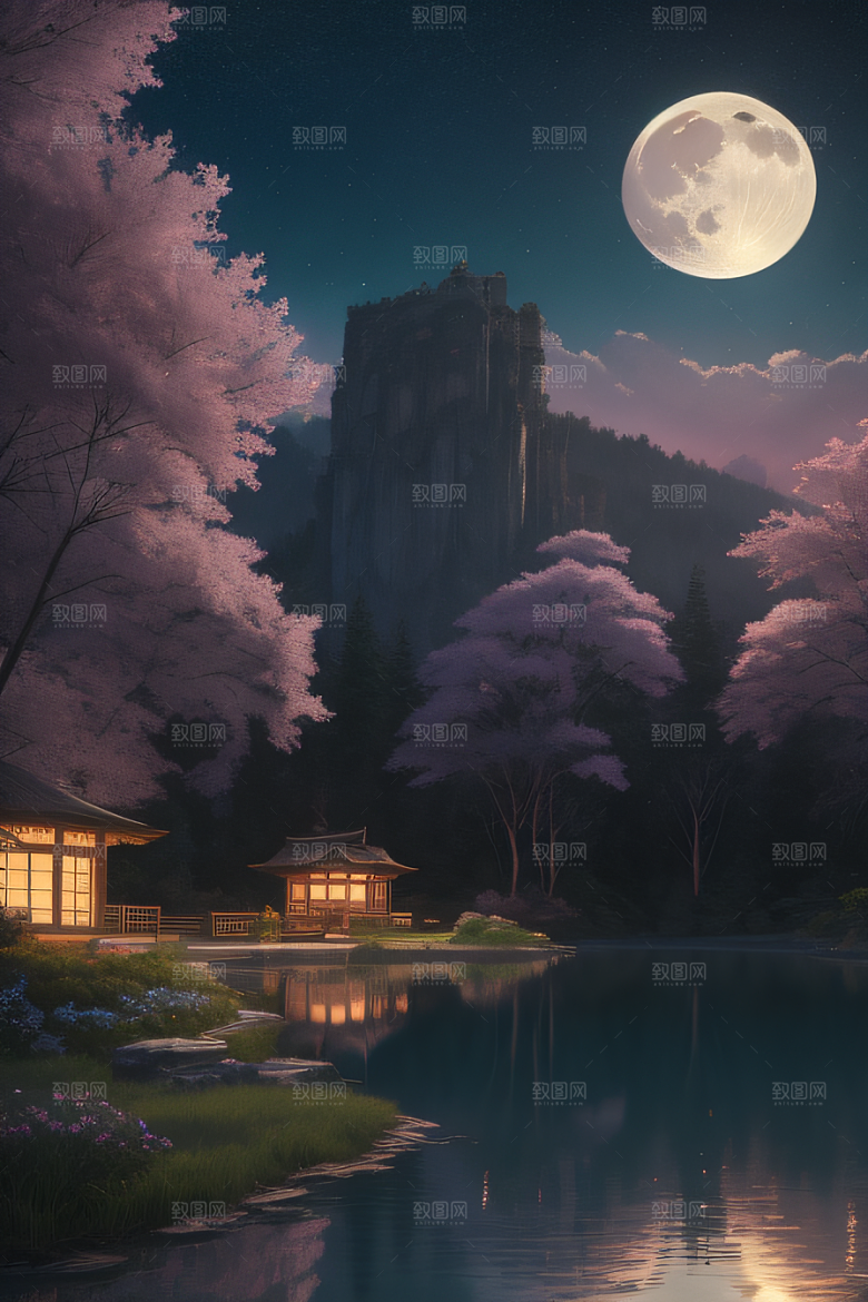天空中悬挂的满月之美景观