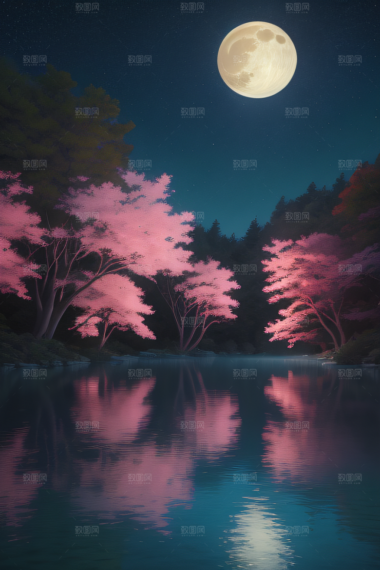 宁静湖面上的春天宫殿景观