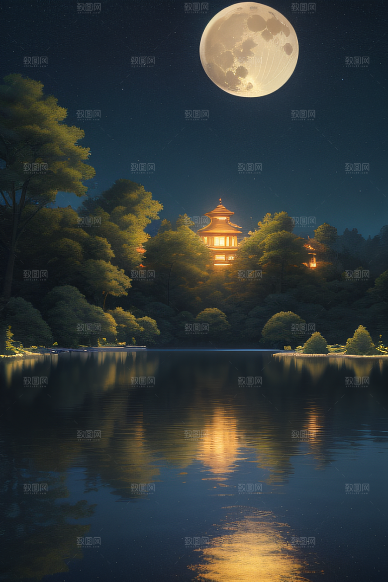 宁静湖面上的春天宫殿景观