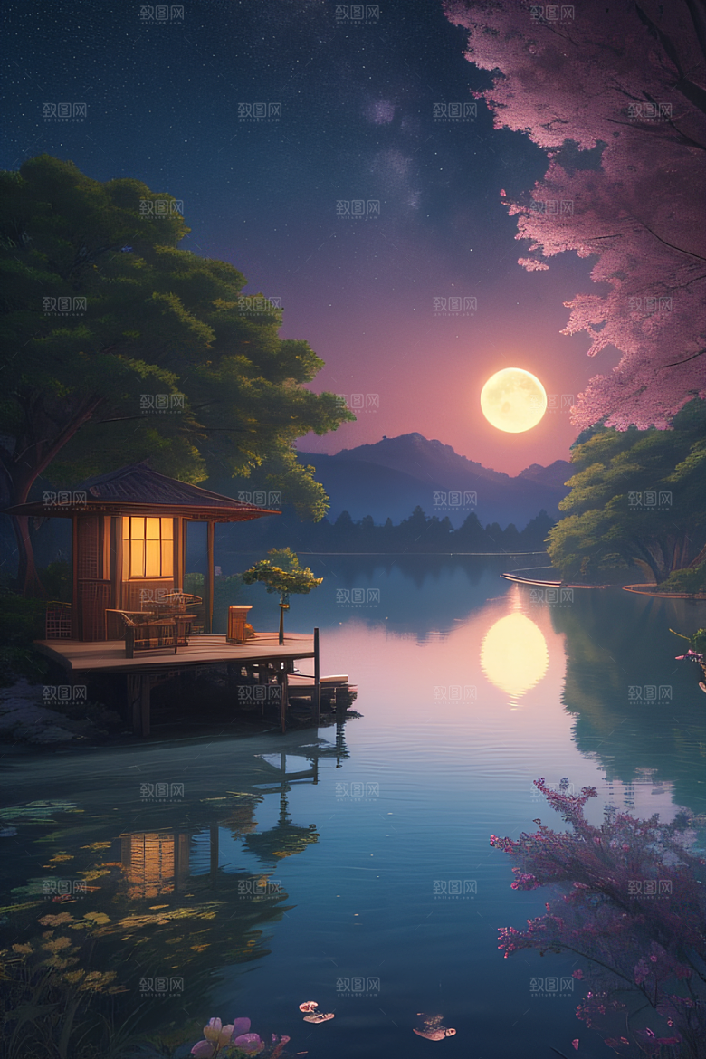 宁静湖面上的春天宫殿景观