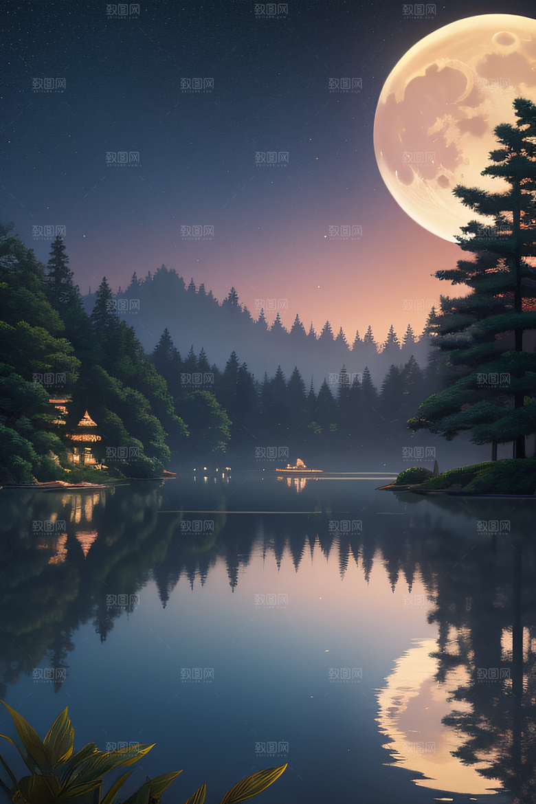 宁静湖面上的春天宫殿景观