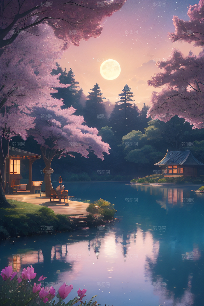 宁静湖面上的春天宫殿景观