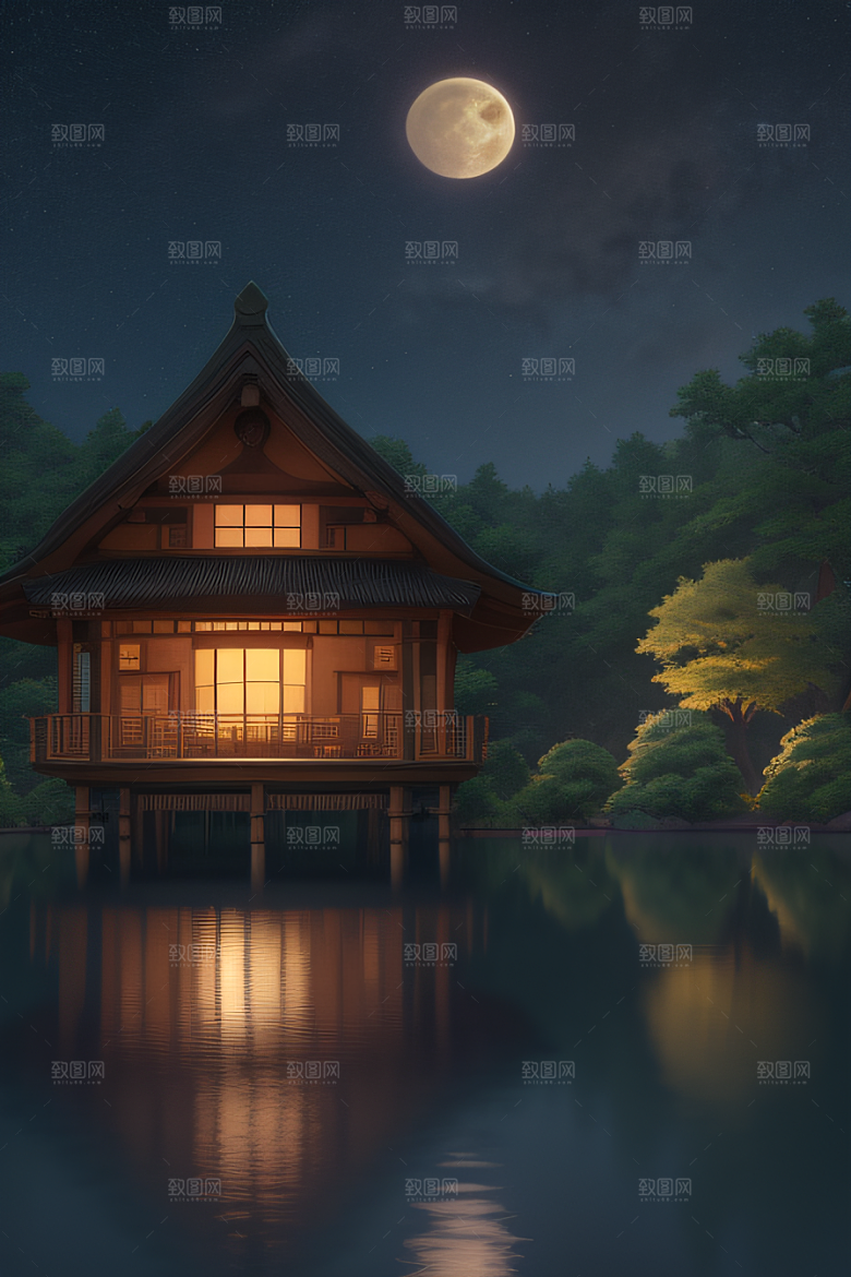 宁静湖面上的春天宫殿景观