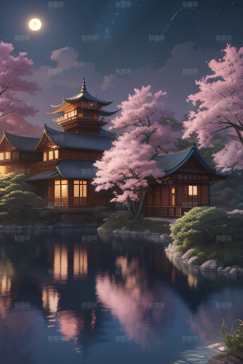 宁静湖面上的春天宫殿景观
