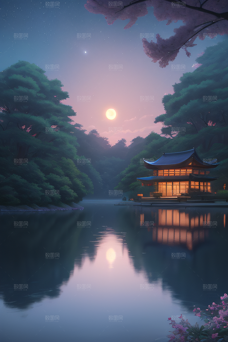 宁静湖面上的春天宫殿景观