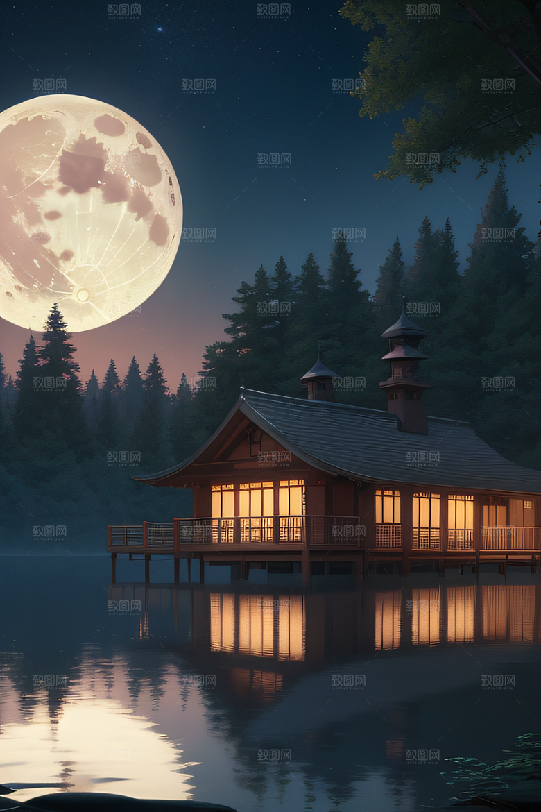 宁静湖面上的春天宫殿景观