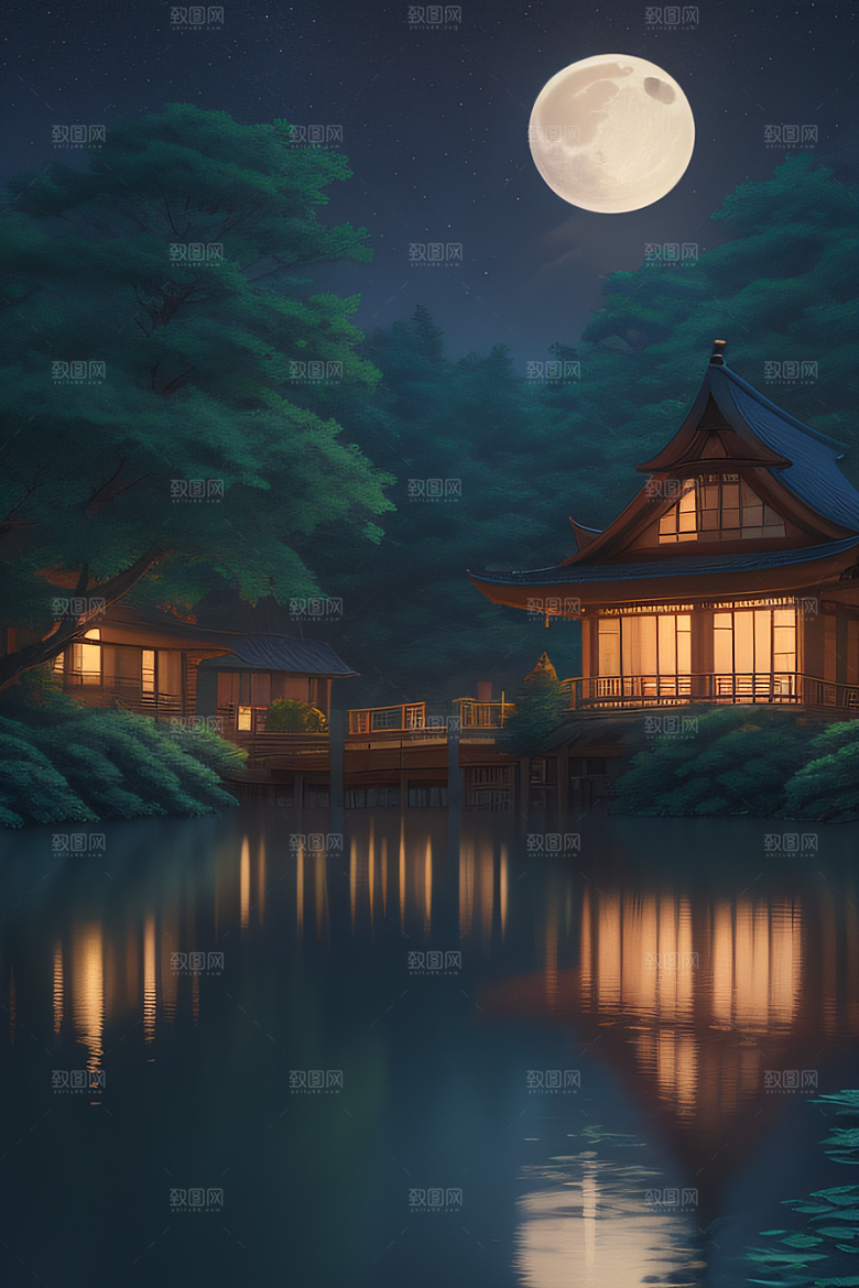 宁静湖面上的春天宫殿景观