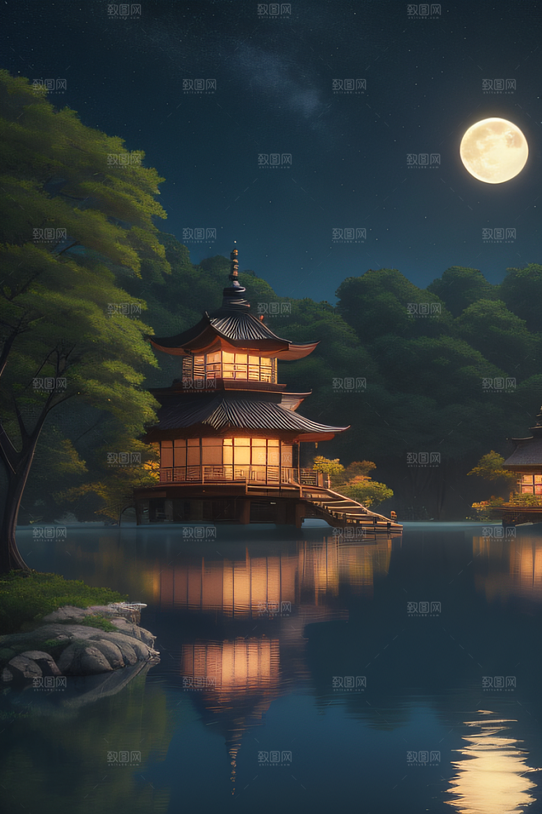 宁静湖面上的春天宫殿景观