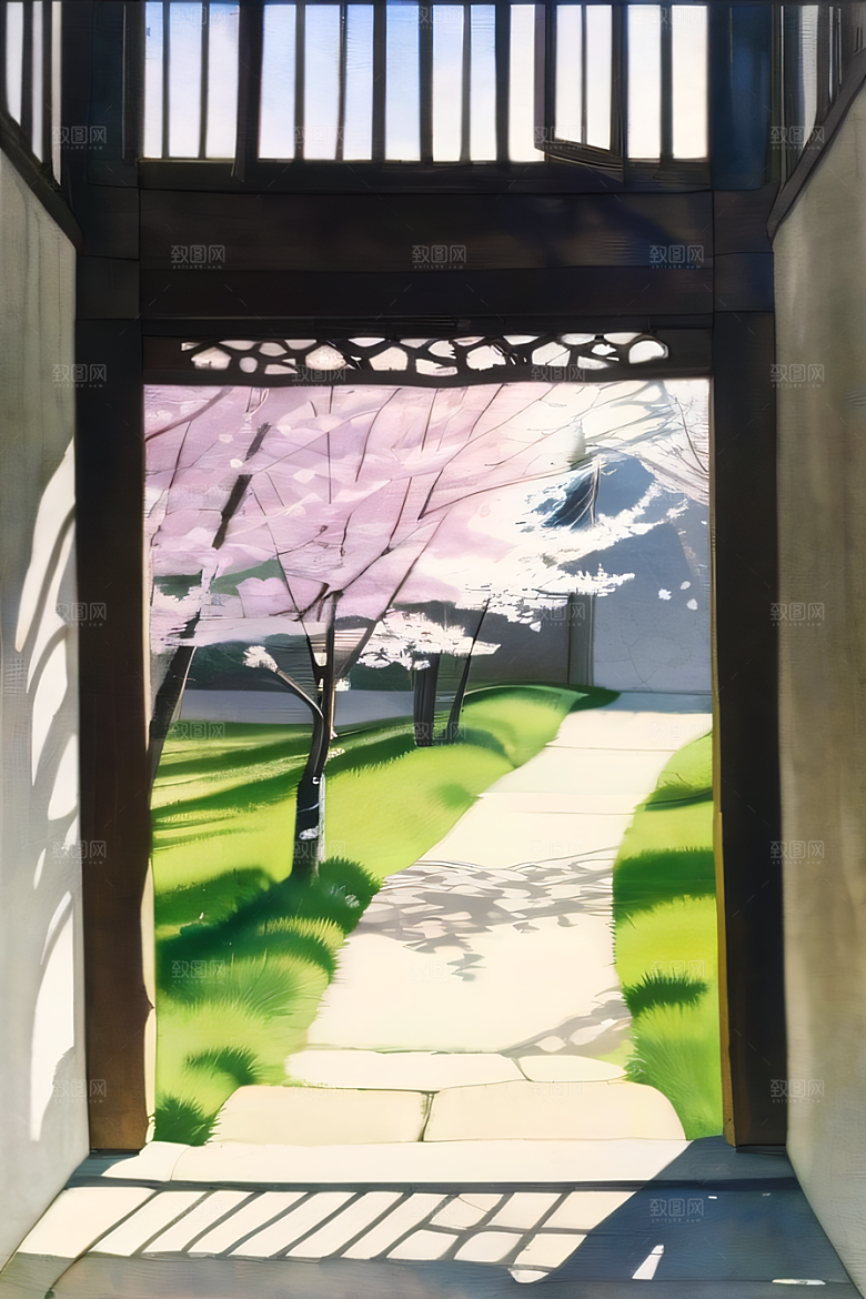 宁静的日本庭园中的樱花