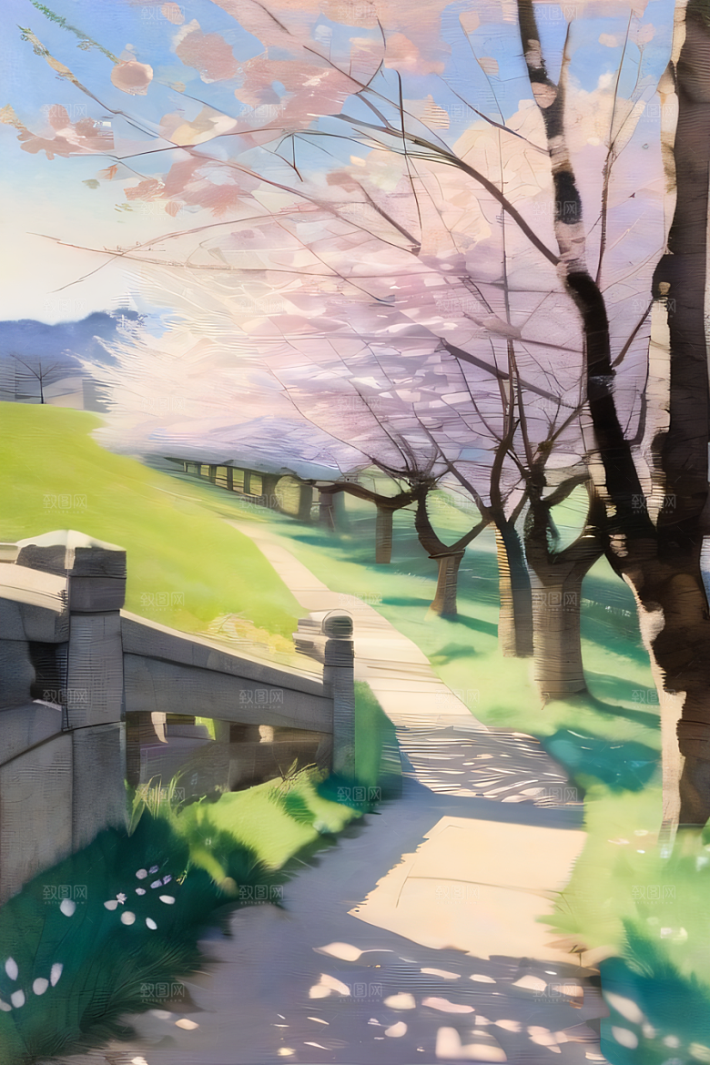 宁静的日本庭园中的樱花