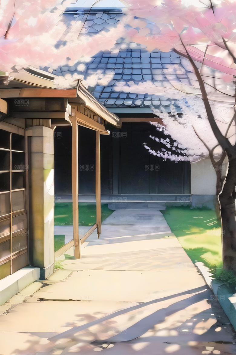 宁静的日本庭园中的樱花