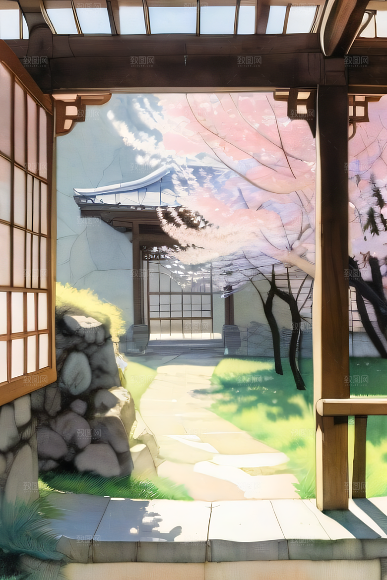 宁静的日本庭园中的樱花
