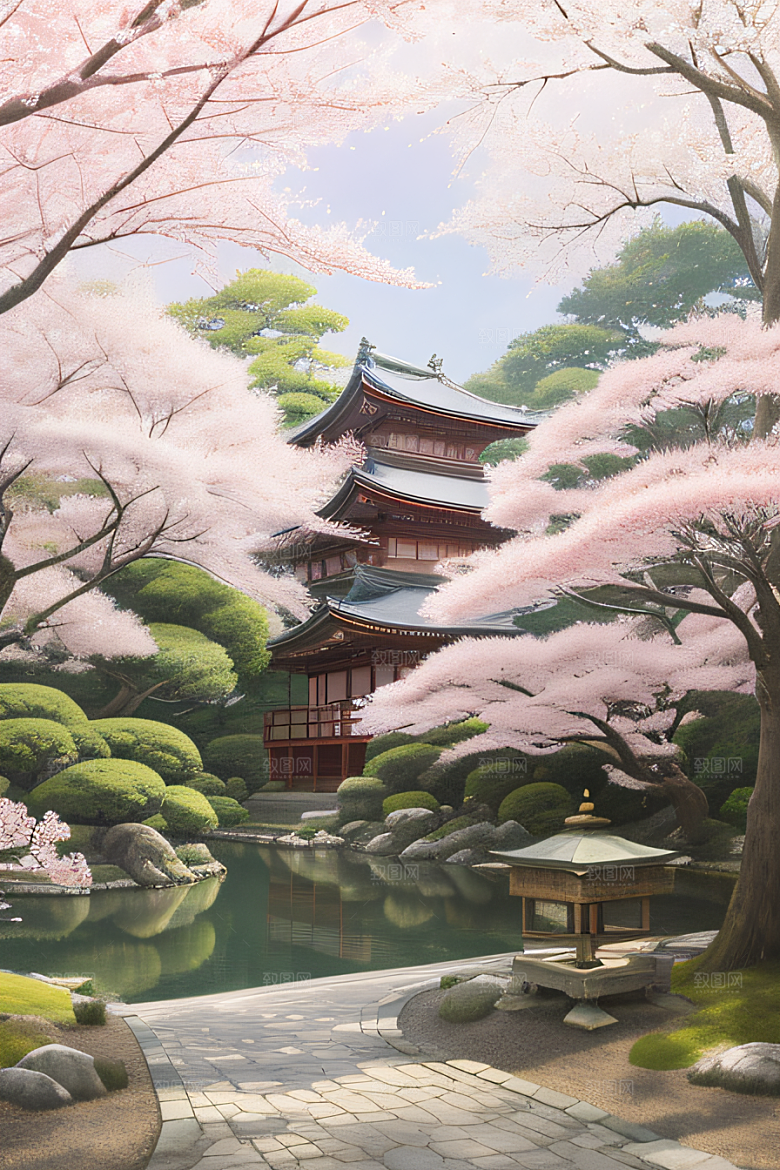 柔和晨光下的樱花与动漫风格