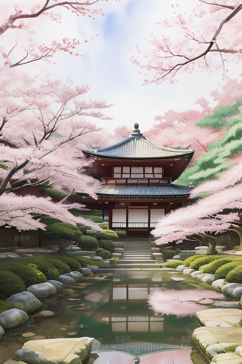 宁静的日本庭园中的樱花
