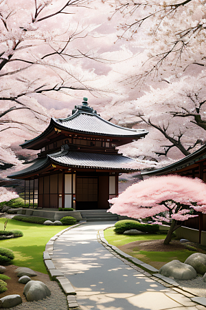 宁静的日本庭园中的樱花