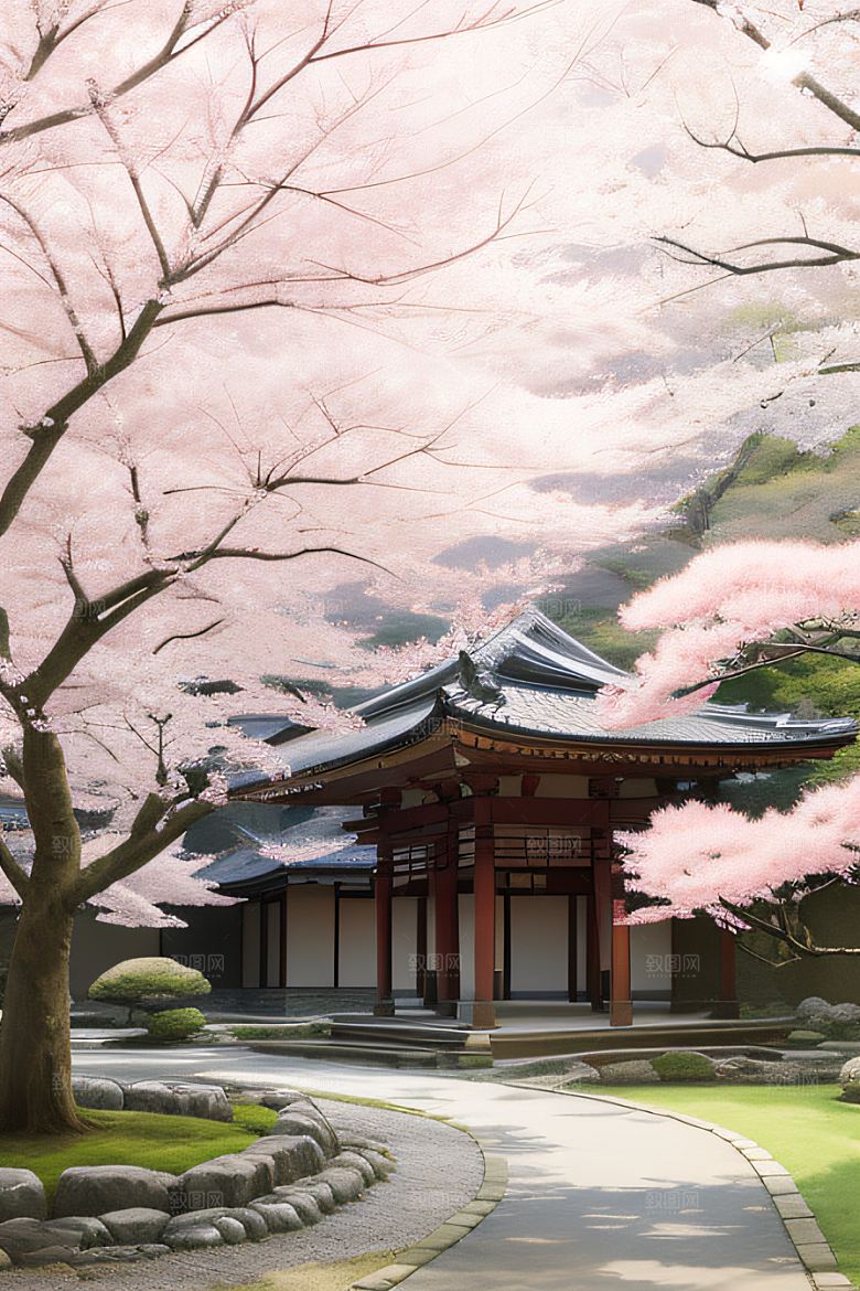 宁静的日本庭园中的樱花