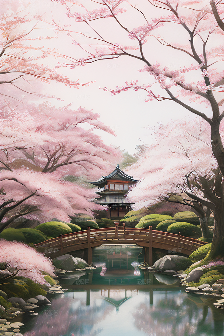 宁静的日本庭园中的樱花