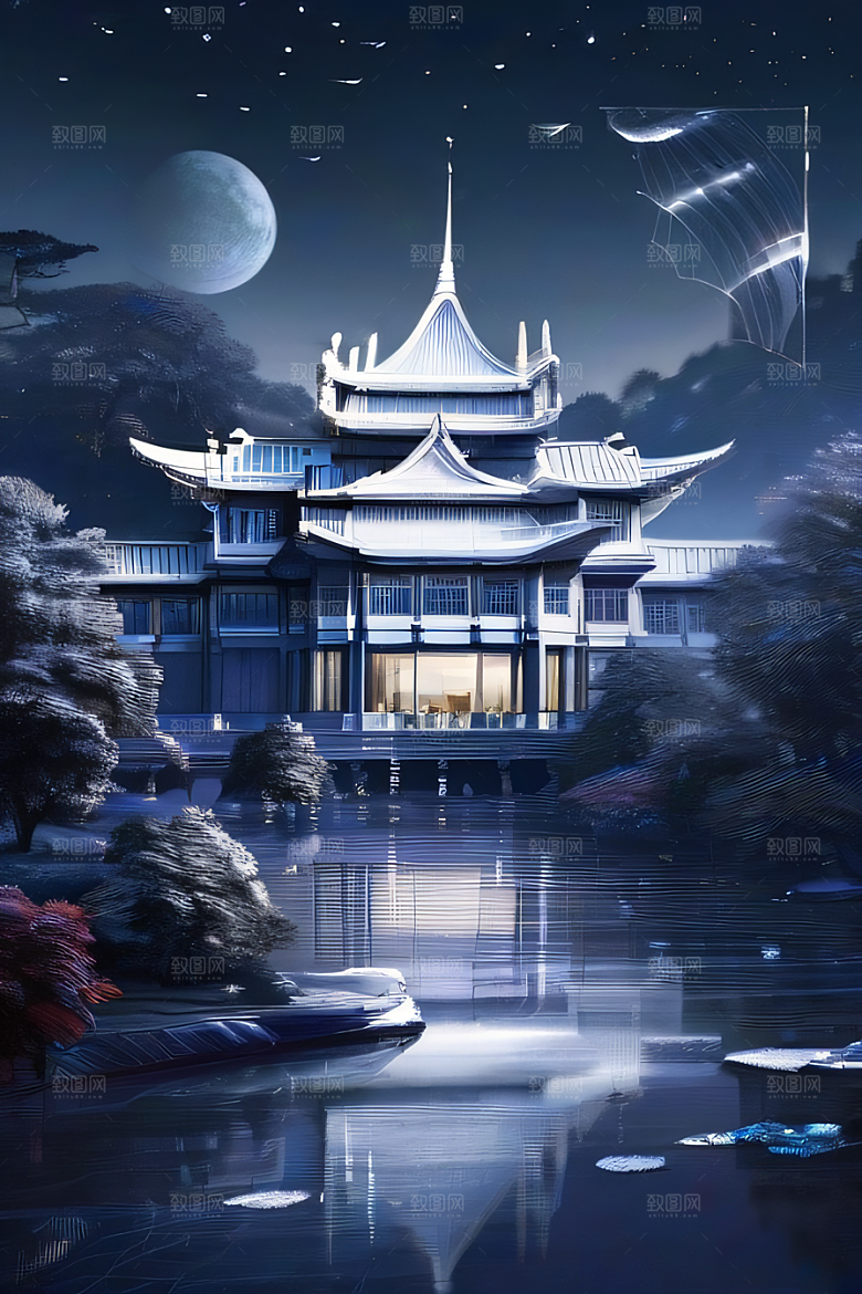 水晶宫殿的奇幻之光银月照耀下的神秘宫殿