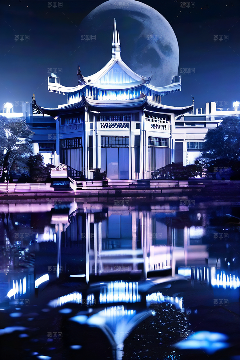 中国水晶宫殿银色月光下的瑰丽光芒