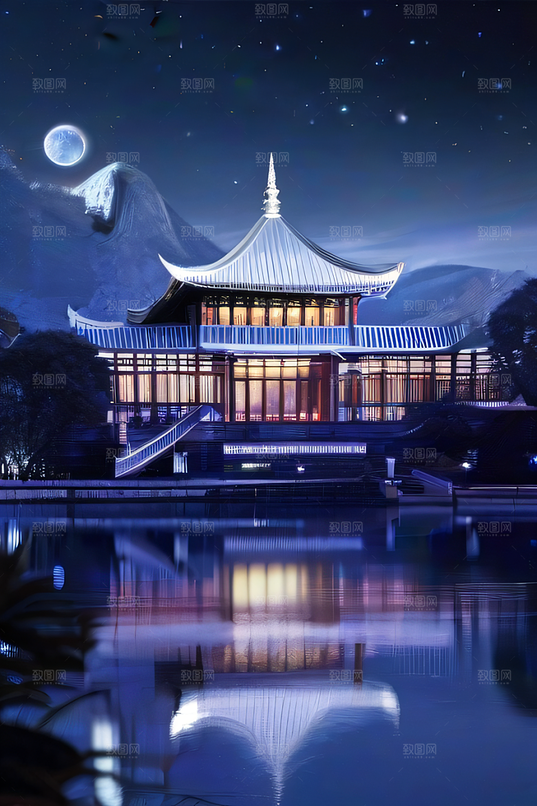 中国水晶宫殿银色月光下的瑰丽光芒