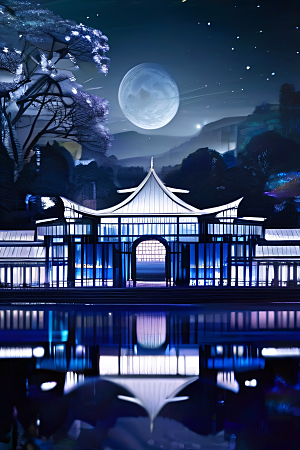 中国水晶宫殿银色月光下的瑰丽光芒