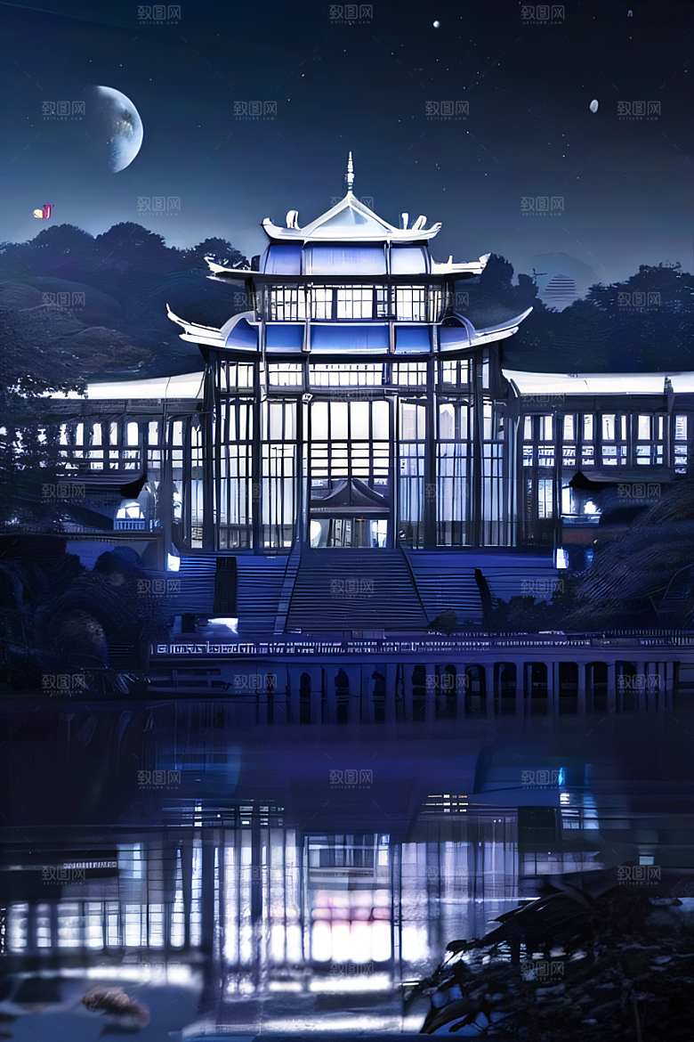 中国水晶宫殿银色月光下的瑰丽光芒