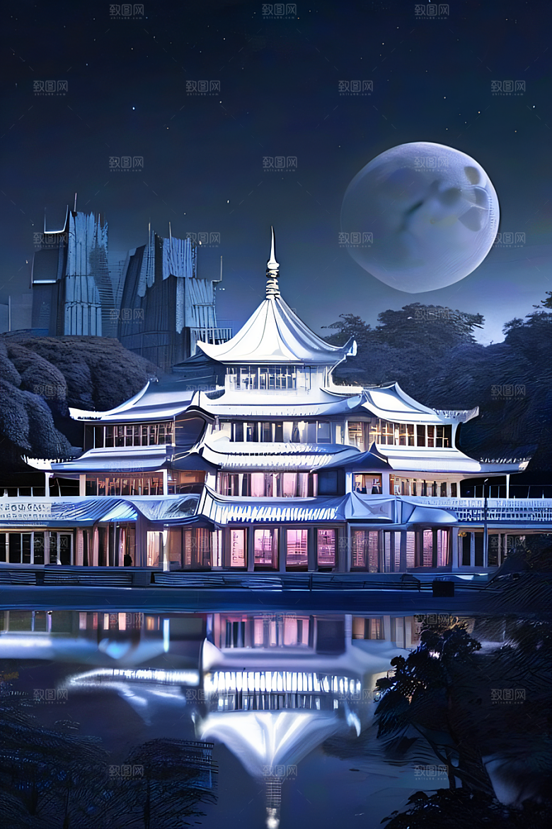 中国水晶宫殿银色月光下的瑰丽光芒
