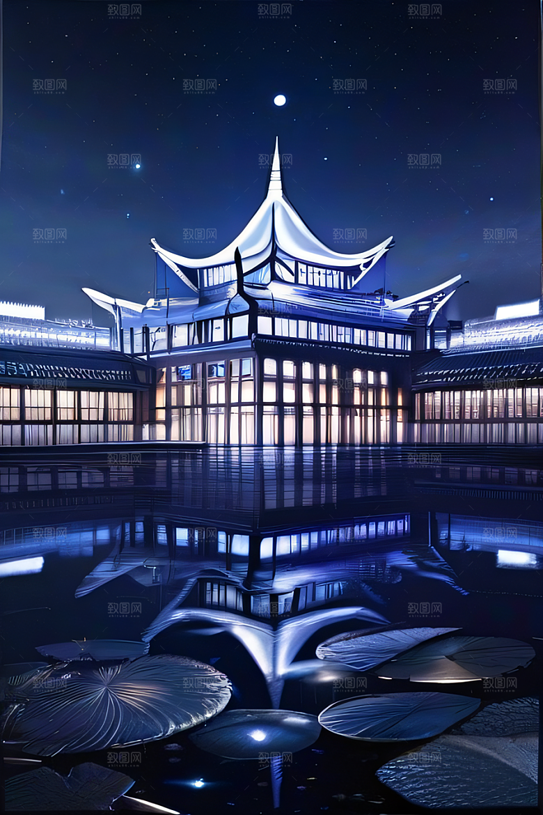 中国水晶宫殿银色月光下的瑰丽光芒