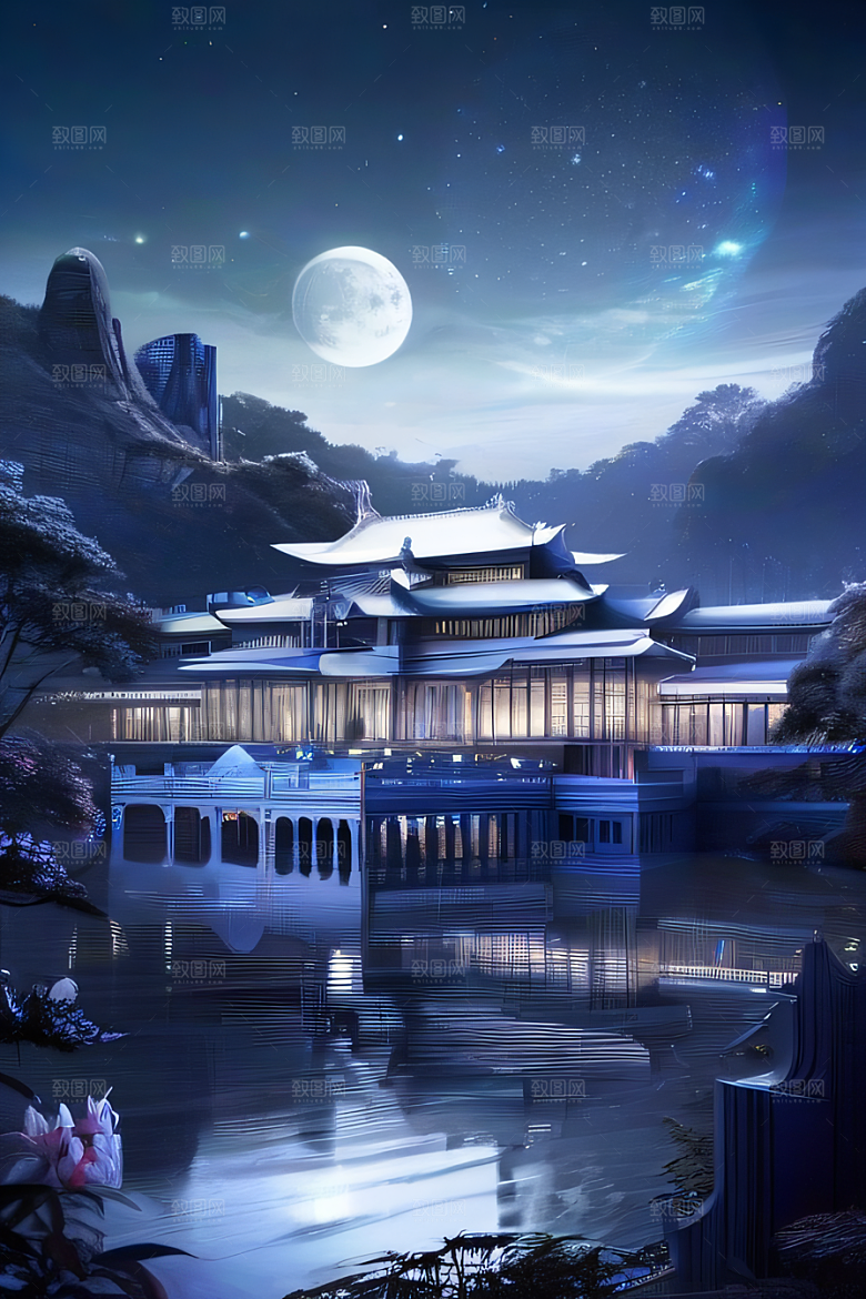 中国水晶宫殿银色月光下的瑰丽光芒