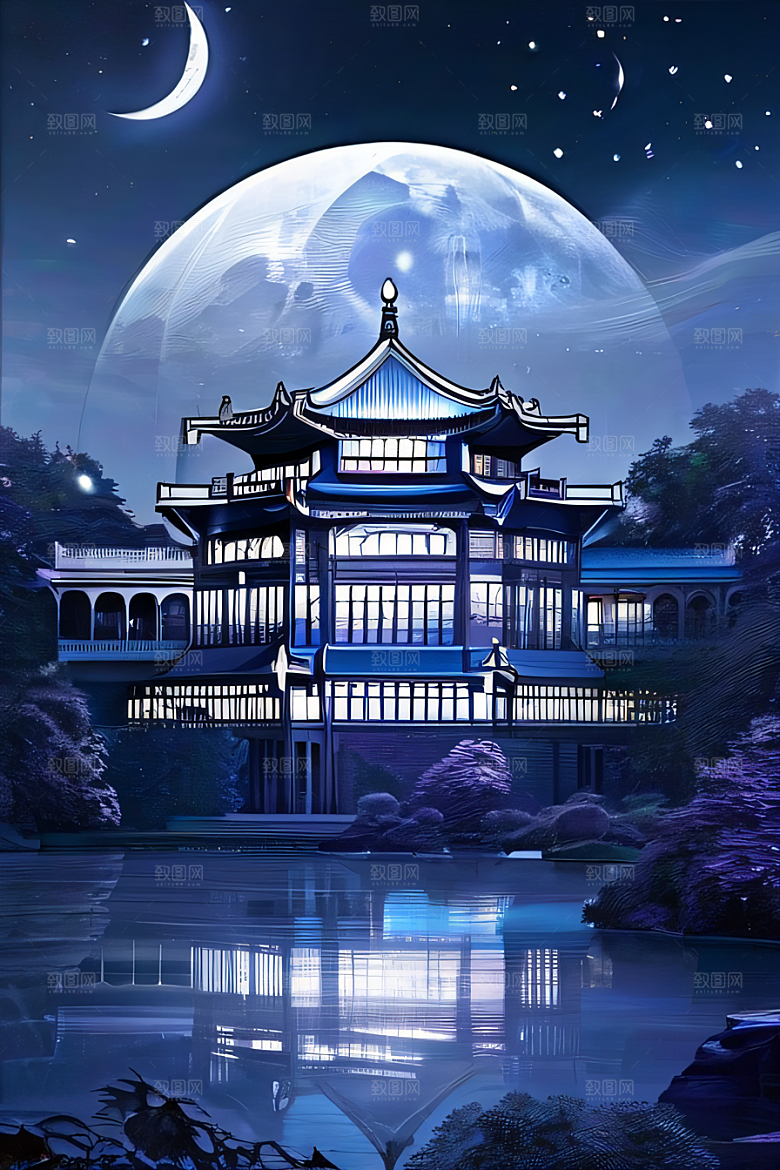 华丽如蓝宝石的宫殿银月照耀下的宝石之光