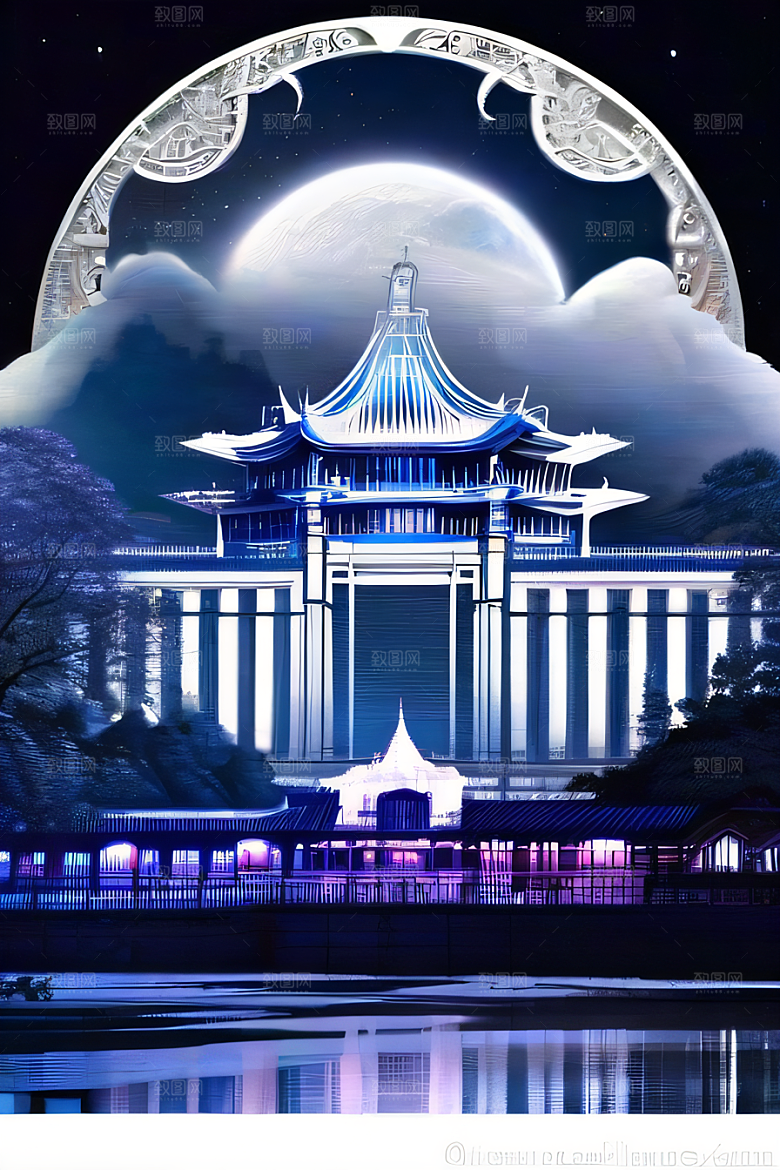 华丽如蓝宝石的宫殿银月照耀下的宝石之光