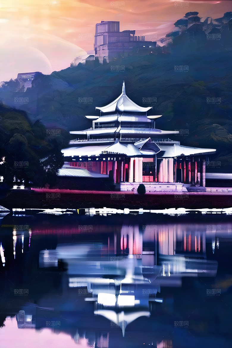 华丽如蓝宝石的宫殿银月照耀下的宝石之光
