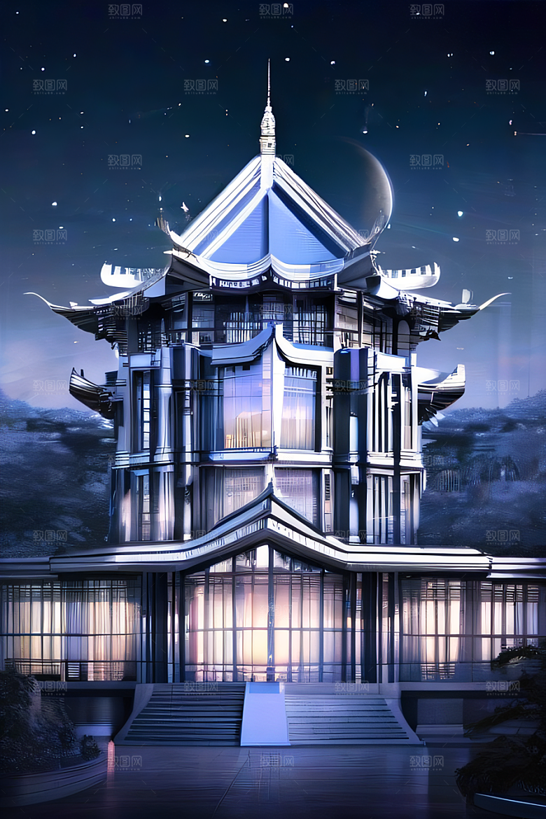 中国透明水晶宫殿银色月光下的璀璨之宫