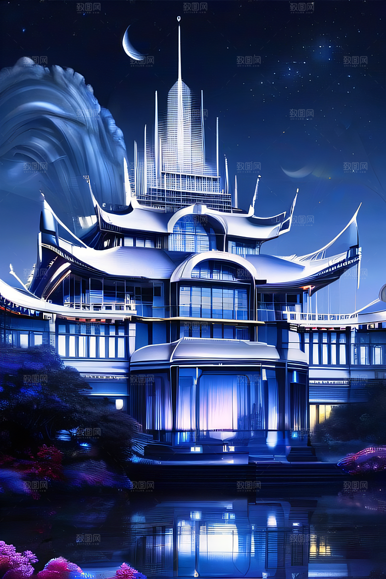 中国透明水晶宫殿银色月光下的璀璨之宫
