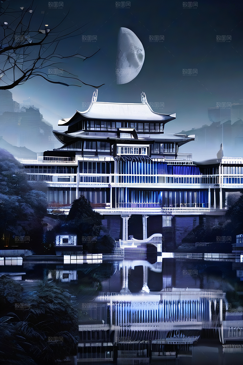 中国透明水晶宫殿银色月光下的璀璨之宫