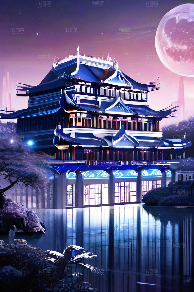 神秘水晶宫殿的魔力银月下的瑰丽之光