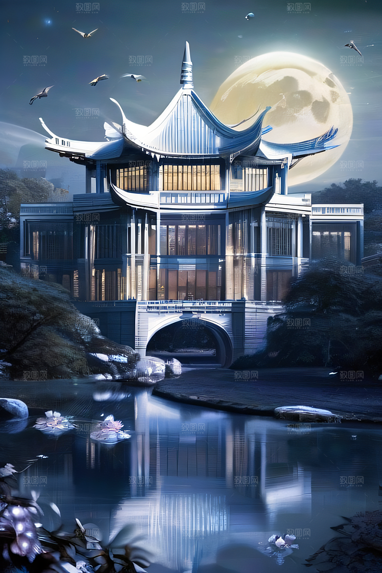 神秘水晶宫殿的魔力银月下的瑰丽之光