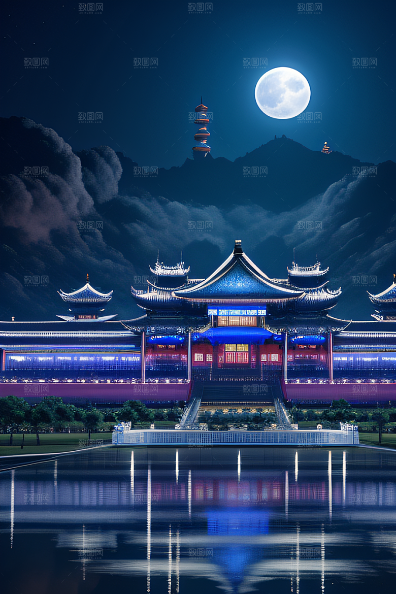 宝石色的宫殿银月照耀下的奇幻之光