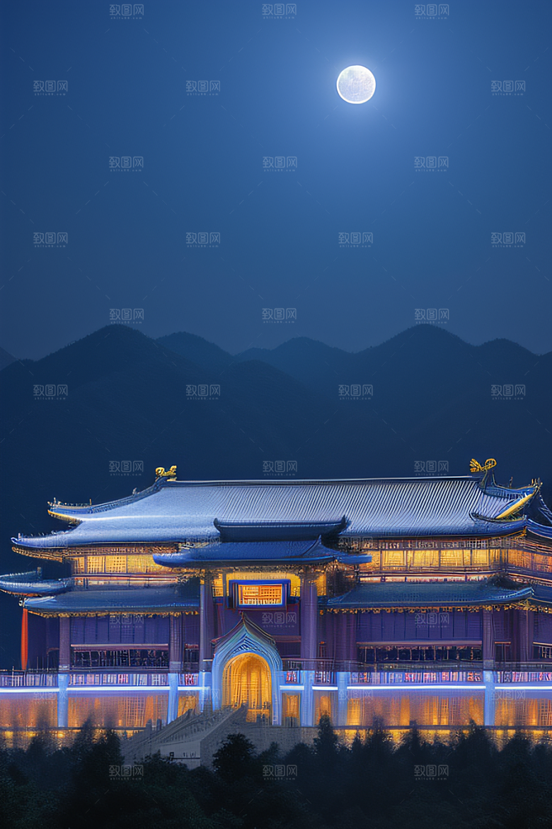 宝石色的宫殿银月照耀下的奇幻之光