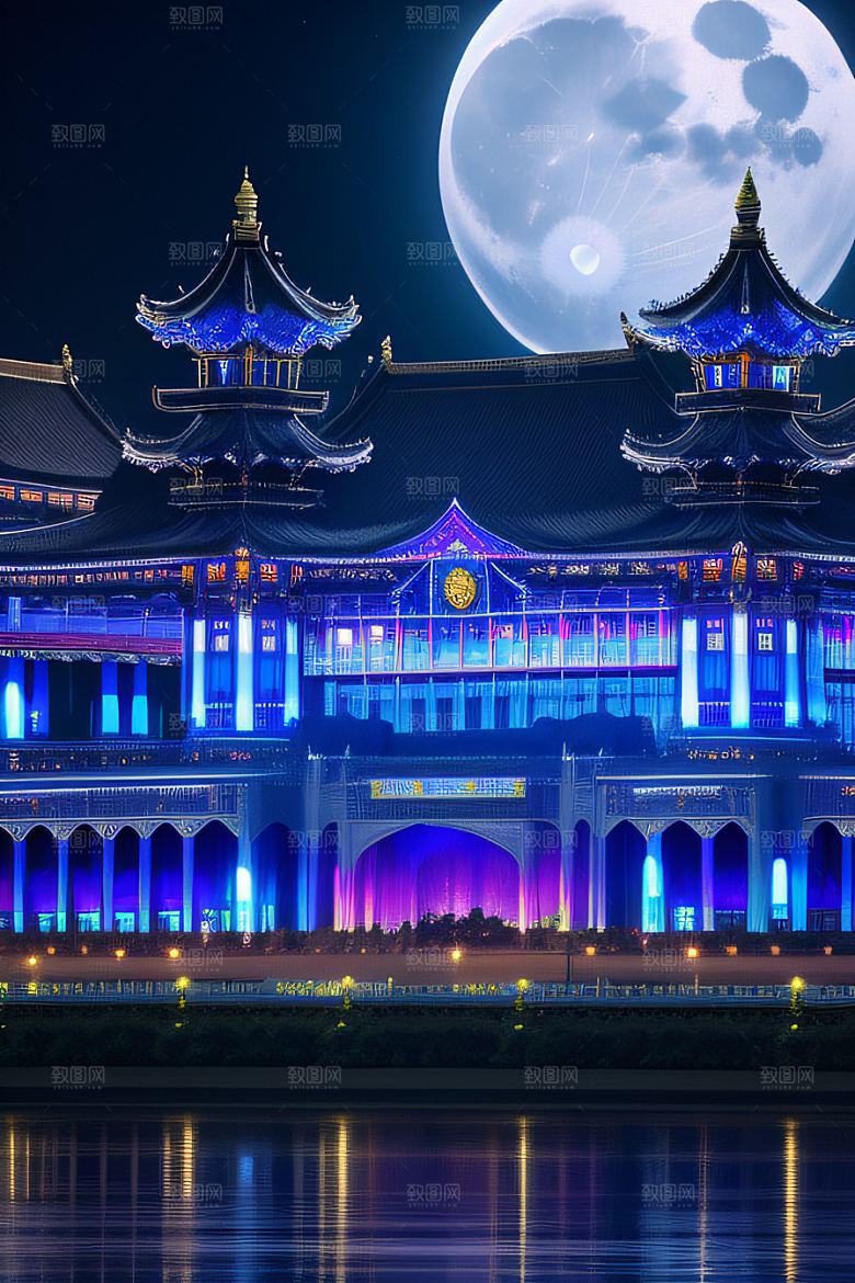 宝石色的宫殿银月照耀下的奇幻之光