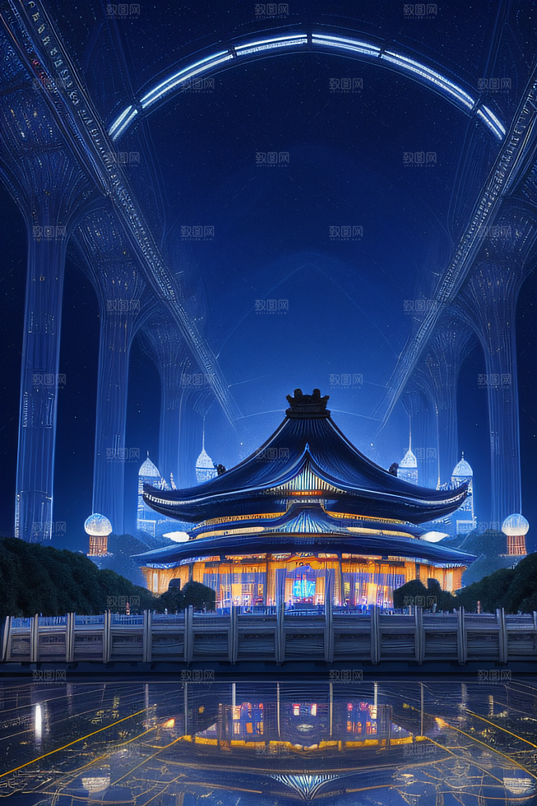宝石色的宫殿银月照耀下的奇幻之光